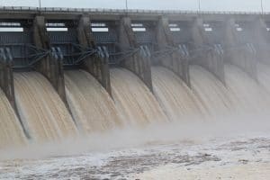 Keystone Dam flood gates open and pushing flood waters downstream. U. HARMON PHOTOC