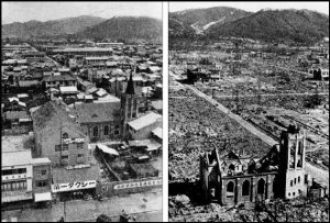 Before and after photos of Hiroshima destroyed by an atomic bomb dropped in 1945.